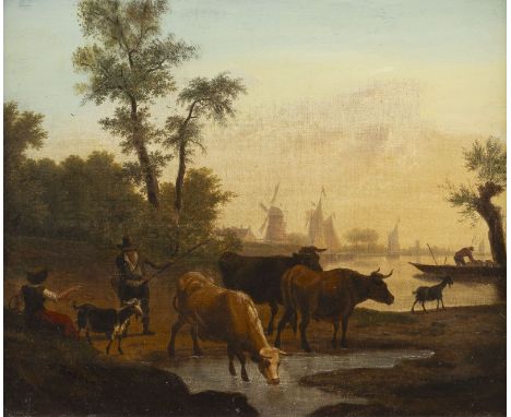 JAN KOBELL II (ATTR.)1779 Delfshaven - 1814 AmsterdamLANDSCHAFT MIT WINDMÜHLEN, KÜHEN UND VIEHHIRTEN AN ANGRENZENDEM GEWÄSSER