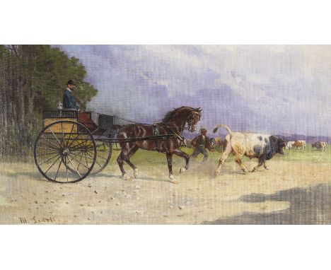 MORITZ LEDELI1856 Brünn - um 1920EINE KUH VERSPERRT EINER ELEGANTEN KUTSCHE DEN WEG Öl auf Karton. 28 x 47 cm (R. 41,5 x 63,5