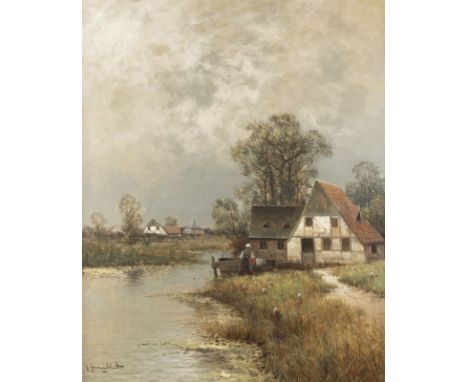 JOHANN JUNGBLUT1860 Saarburg - 1912 DüsseldorfSOMMERLANDSCHAFT MIT GEHÖFT Öl auf Leinwand. 95 x 76 cm (R. 119 x 99 cm). Signi