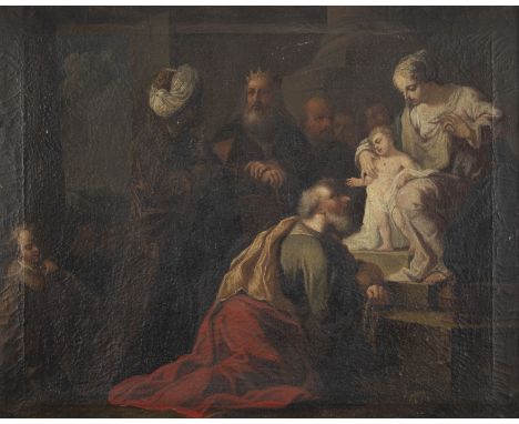 ITALIENISCHE SCHULE DES 18. JH.DARBRINGUNG DER HEILIGEN DREI KÖNIGE Öl auf Leinwand. 80 x 100 cm (R. 92 x 112 cm). Verso: Auf