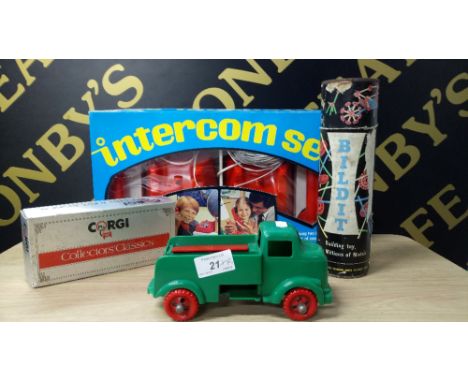 4 PIECES OF VINTAGE TOYS INTERCOM SET, CORGI CAR IN BOX, BILDIT & PENGUIN TRUCK