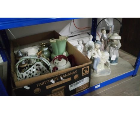 1 SHELF INCLUDING BOX OF PORCELAIN FIGURES & WARE ( SOME DAMAGE )