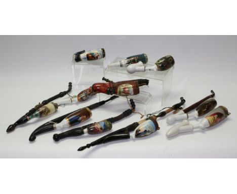 A collection of German porcelain pipes, mostly printed in polychrome, various subjects, portraits, hunting, etc
