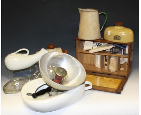 Medical - a mid 20th century wooden Paragon first aid case, part contents; enamel bed pan; a Manchester Royal Infirmary ceram