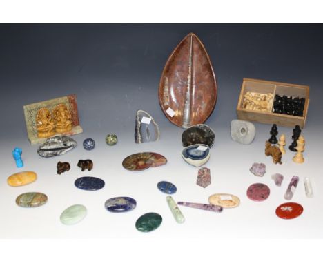 Natural History - geology, polished fossil sections, amethyst, tiger eyes, others; wooden Staunton pattern chess pieces