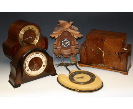 Clocks - a Hubert Herr cuckoo clock, a 1940's mantel clock, retro wall clock, etc (5)