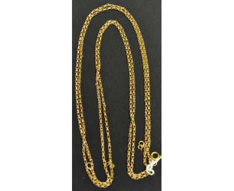 A 9ct gold muff chain, divided into two equal length necklaces, each 82cm long, 29.4g gross (2)