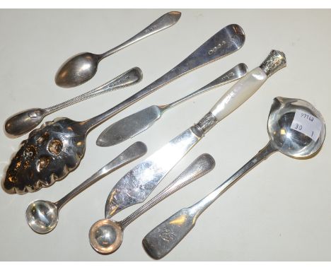 A William IV Irish silver sauce ladle, Dublin; a George III silver 'berry spoon', later chased, hallmarked; silver salt spoon