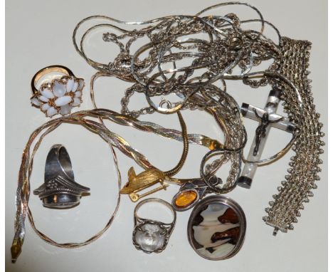 Jewellery - a silver and mother of pearl crucifix; silver bracelets; rings; pendants; etc