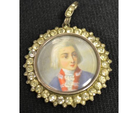 A late 19th/early 20th century hand painted portrait miniature, Austrian gentleman, long curly hair, blue and red jacket, wit
