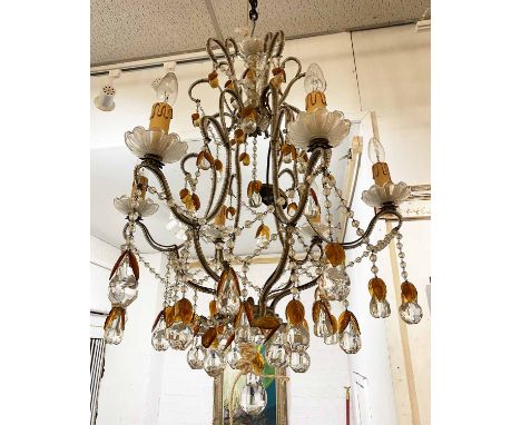 CHANDELIER, Bohemian cut glass six branch with glass pear droplets with amber glass leaves, 80cm drop x 60cm W.