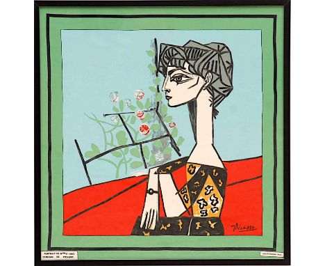 PABLO PICASSO, portrait de MME Z on silk, spadem, plate signed, 86cm x 83cm.