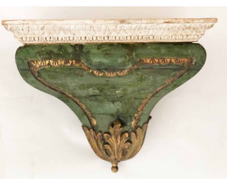 WALL BRACKET, 18th century French, Louis XV, carved green painted and parcel gilt, with grey painted carved cornice (possibly
