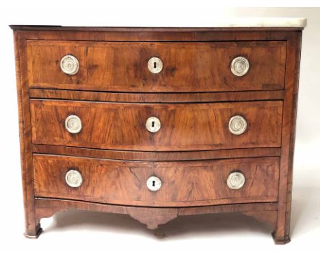 ITALIAN COMMODE, 18th century Italian, olive wood, of serpentine outline, with three long drawers and marble top, 100cm W x 6