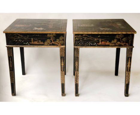 LAMP TABLES, a pair, 20th century black lacquered and gilt Chinoiserie decorated, each square with tapering supports, 61cm x 