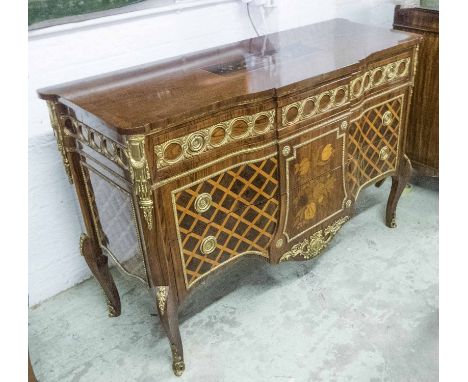 COMMODE, French style mahogany with inlaid marquetry and parquetry, three drawers with gilt metal detail on cabriole supports