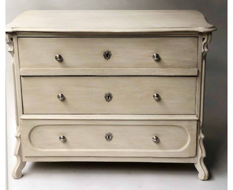 COMMODE, 19th century North European traditionally grey painted with three long drawers and carved shaped supports, 111cm x 5