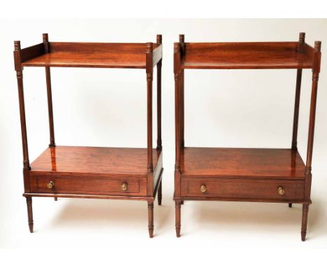 LAMP TABLES, a pair, George III figured mahogany each galleried with undertier and drawer. (2)