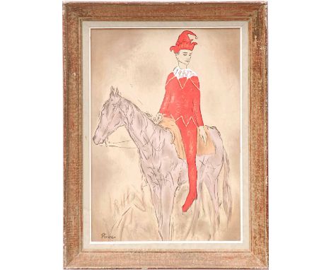 PABLO PICASSO, clown rider on horse, off set lithograph, plate signed, 64cm x 44cm.
