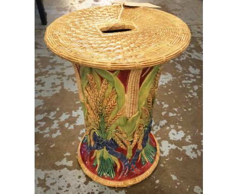 GARDEN SEAT, painted and glazed ceramic with corn and wheat sheaf decoration possibly by Minton, 47cm H x 35cm diam.