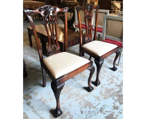 SIDE CHAIRS, a pair, 20th century Chippendale Revival, carved mahogany, splat backs with drop in seats, on claw and ball fron