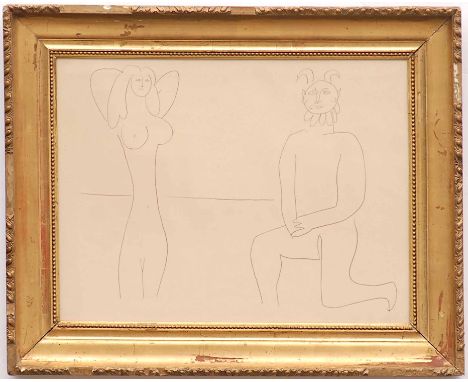PABLO PICASSO, 'Nude and faun' suite: Antibes 1958 lithograph printed by Jacomet, 48cm x 64cm.