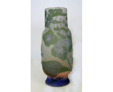 An Art Nouveau Galle Cameo Vase:
signed, the purple and pink ground body acid etched with flowers and foliage, H 18 cm  CONDI