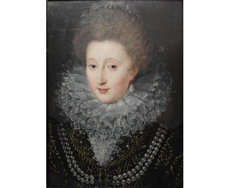 Anglo-Dutch School (17th century): 
Portrait of a lady wearing a ruff & pearls, oil on panel, H 45 x W 33 cm  CONDITION REPOR