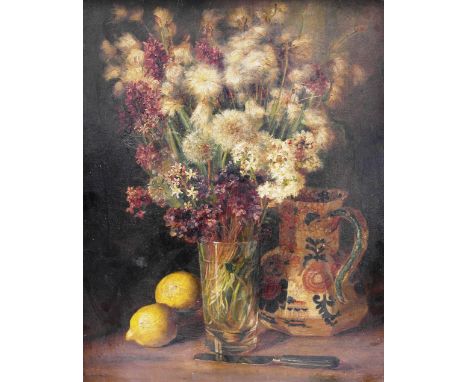 Catherine Mary Wood (British, 1860-1939):
Still life of flowers, lemons & a ceramic jug, oil on canvas, signed lower left, H 
