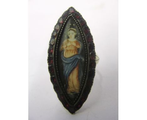 An Early 19th Century Ruby Remembrance Ring:
of navette form with a row of rubies to edge surrounding a painted standing woma