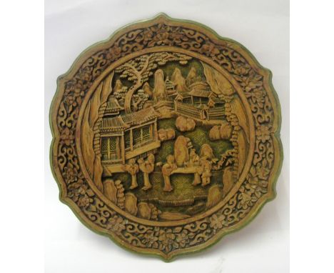 A Chinese Lacquered Plate (18th/19th Century):
deeply carved with a scene of three literati contemplating a scroll  and two a