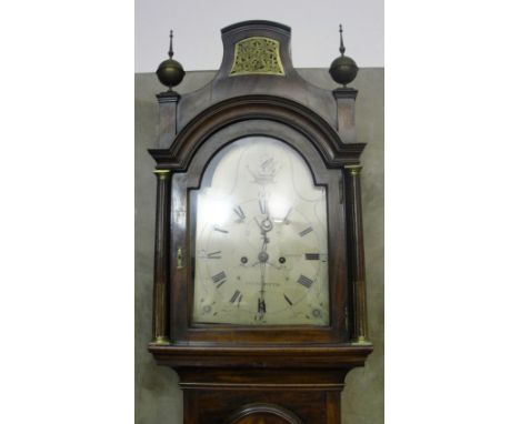 An 18th Century Longcase Clock by J Maynard of Teignmouth:
a one-piece silver face engraved with swan in cartouche and Roman 