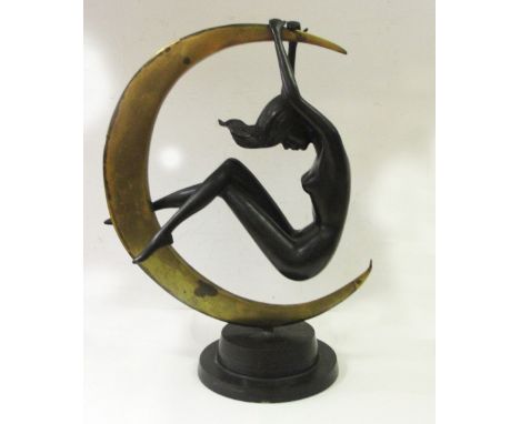 A Bronze Art Deco-Style Woman and Crescent Moon:
a large crescent moon on base with suspended nude woman.   Unsigned, c1960
H
