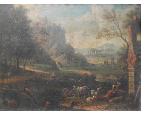 Dutch School (17th century):
Figures & animals in a landscape with a cliff top castle beyond, oil on copper, H 13 x W 16 cm  