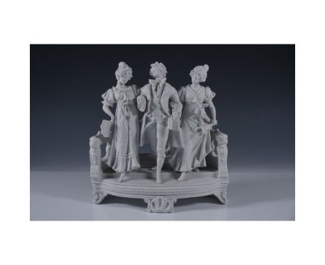 Exquisite bisque porcelain figurine depicting an 18th-century courting scene. This finely detailed piece showcases a gentlema