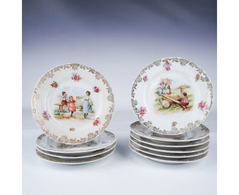A charming 10-piece porcelain dessert plate set featuring hand-painted scenes of children playing in idyllic countryside sett