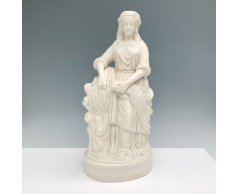 Bisque porcelain figurine depicting a woman in a flowing gown, resting her arm on a wheat sheaf beside a tree stump. The piec