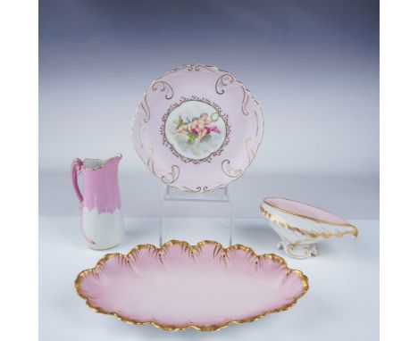 Elegant porcelain serving set featuring a refined combination of pink and white hues with gilded accents. The set includes a 