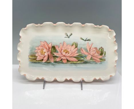 Beautiful hand-painted porcelain tray featuring a delicate water lily motif in soft pink hues, accented by dragonflies hoveri