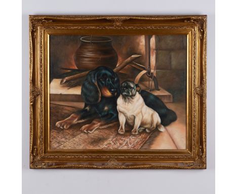 This charming oil on canvas is inspired by Danish artist Otto Bache's 1865 original painting Spaniel and Pug. Bache was known