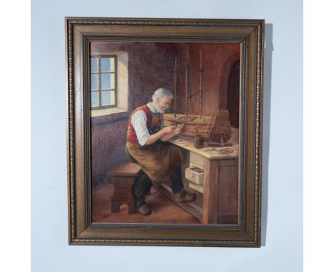 Original oil on canvas by French painter R. Houy who specialized in Brittany genre scenes and depicts a Breton craftsman buil