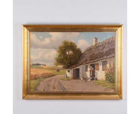 This charming oil on canvas painting by Danish artist Kai Jeppe Drews captures a serene rural scene, evocative of the peacefu