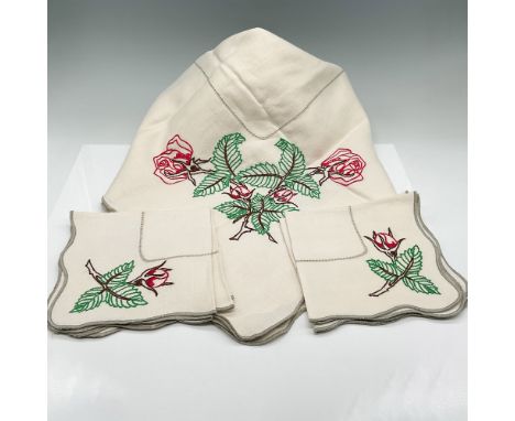A vintage linen tablecloth (40") with scalloped edges, featuring an embroidered floral design of red roses with green leaves.