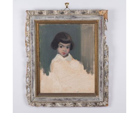 A captivating oil-on-canvas portrait of a young girl, rendered with striking detail and emotion by Palm Beach artist Annette 