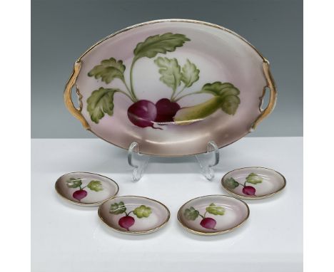 Elegant 5-piece Noritake porcelain dish set featuring a hand-painted radish and cucumber motif with soft pink shading and gol