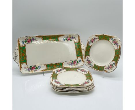 Seven-piece J&amp;G Meakin porcelain serving set featuring the Glasgow pattern. Includes a 12"L rectangular platter and six m