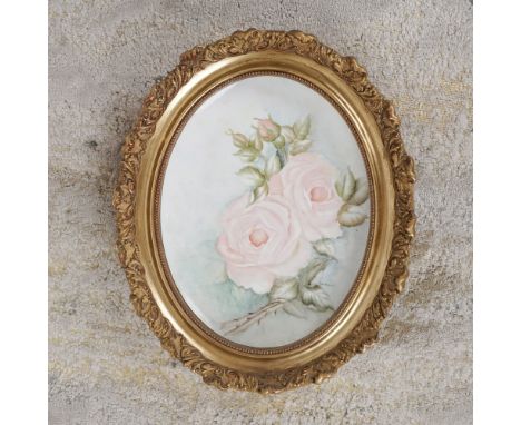 This exquisite antique hand-painted porcelain plaque features a delicate depiction of soft pink roses, signed by artist M. Wo
