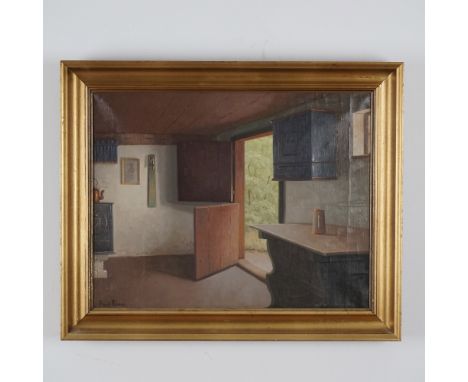 This atmospheric oil on canvas painting captures the tranquility of a Danish rustic interior, rendered in an evocative manner