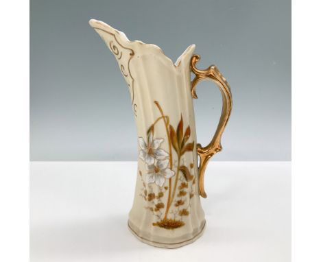 Victoria Carlsbad Austrian porcelain ewer featuring an elegant hand-painted floral motif with gold accents. The pitcher showc