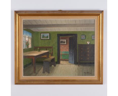 This oil on canvas painting, signed by Paul Ronne, a pseudonym for Danish artist Kai Jeppe Drews, depicts a tranquil Scandina